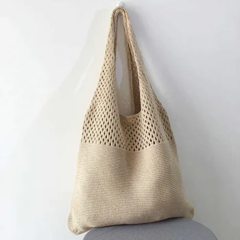 Вязаная женствена чанта за пазаруване в стил Бохо, Тканая плажна чанта-Скитник, Ежедневни Лека чанта-тоут, Дамска плажна чанта