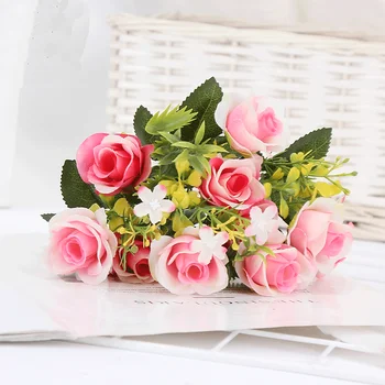 10 глави изкуствени цветя, Коприна пъпка на роза, букет от 4 зелени листа, изкуствени цветя за сватбени подаръци, ваза за парти, декорация на дома