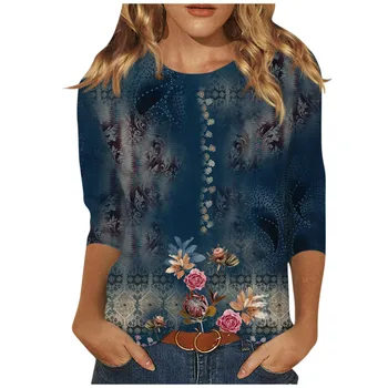 2023 Есенно-зимна Дамска тениска с цветен принтом, Модни блузи с ръкави 3/4, Ежедневни Свободна женска тениска с кръгло деколте, Дамски блуза