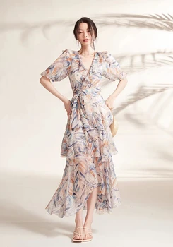 2023, лято и есен нова дамски дрехи, Класически чай пауза с V-образно деколте, цветен печат, Изискана елегантна дълга рокля дантела 0814