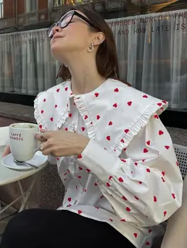 2023 Модни Дамски блузи с ръкав-фенерче и принтом червено сърце, Приказни бели ризи с яка 