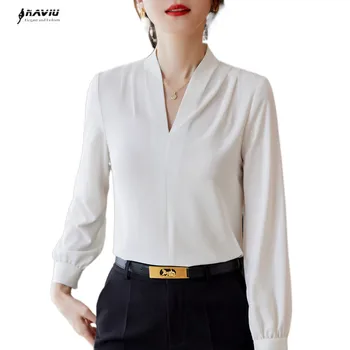 NAVIU Бяла Риза с дълъг ръкав, Дамски Новост, Есенна с Висококачествена Професионална Блуза с V-образно деколте, Офис женски Работни върховете