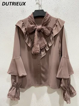 Rojita, нова майк масово производство в японски стил, блуза с дълги изгорени ръкави, Потници за прекрасни момичета, однотонная риза с лък лента