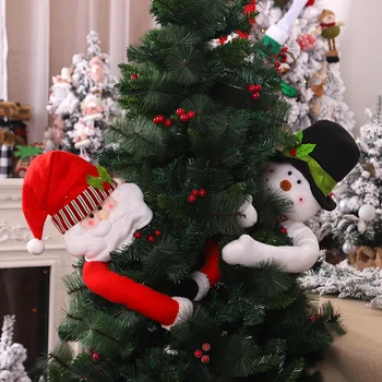 Весела Коледна Украса Дядо Коледа Кукла-Снежен Човек Прегръдки Върха На Дърво, Коледна Украса Натал Навидад 2023 Нова Година Начало Декор