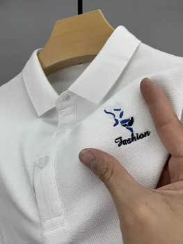 Висококачествена марка риза с къси ръкави от чист памук, с къси ръкави и изящни бродерии, във формата на глава на елен, мъжки ежедневни модни дишаща тениска с ревера