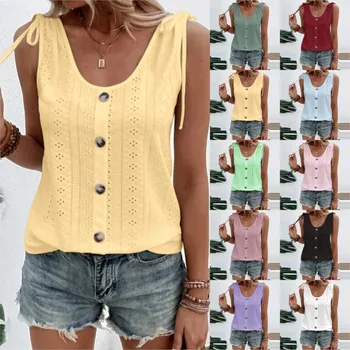 Дамски модни тениска S-4XL, жилетка, Летни върховете на бретелях без ръкави, ежедневни обикновена ризи с копчета Оверсайз, Женски 6588