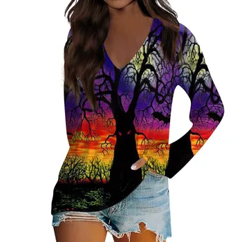 Дамски потник, тениска с дълги ръкави и принтом на Хелоуин, Смешни ежедневни пуловер, Тениски, Есенни Свободни топове Roupas Femininas 2023