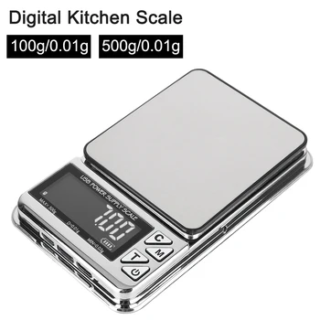 Джобни Кухненски Везни, Цифрови LCD Везни за бижута от неръждаема стомана, Електронни, 100 г/500 г, висока инжекция Зареждане чрез USB