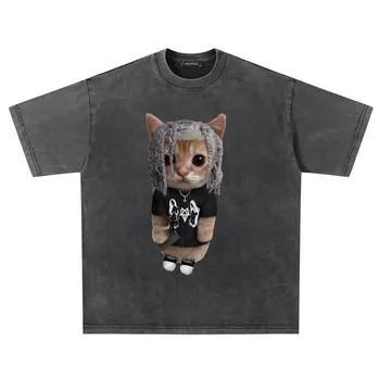 Ел Гато Мем Тъжни Плачущий Котка Манчкин Кити Мем Модерна Черна тениска за Пране на Модни Памучни Реколта ризи за пране с къс ръкав