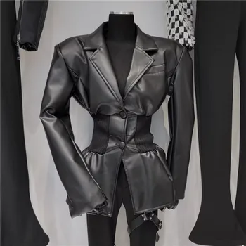 Есен-зима 2023, Стилни Нови лоскутные Възли тънки якета от изкуствена кожа за жени, Секси Кожени палта Y4389