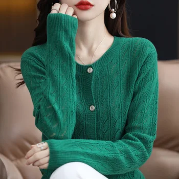 Есенно-зимния нов пуловер от чиста вълна, женски вязаный жилетка, без вълнен пуловер с кръгло деколте, ежедневното палто