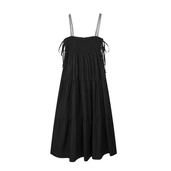 Жена Ежедневното черна еластична рокля midi в бретелях 2023 Летни дамски обикновена рокля от поплин с лък, Женски плиссированное рокля с висока талия