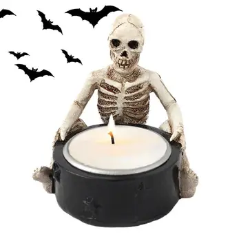 Здрав свещник с череп от смола, Страховито Ретро свещник с виртуален скелет, една Чаена лампа, чаша за декорация на домашно парти