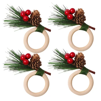 Коледни пръстени за салфетки, пакет от 4 дървени халки за салфетки, Настолни украса за Коледа, сватба, Декорация на масата