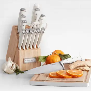 Комплект прибори за хранене от 15 теми, комплект кухненски ножове от бял и неръждаема стомана