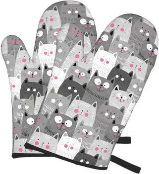 Кухненски ръкавици с принтом прекрасни анимационни котки, Топлоустойчиви кухненски непромокаеми ръкавици с вътрешен хлопковым слой за приготвяне на барбекю, печене 2 елемента