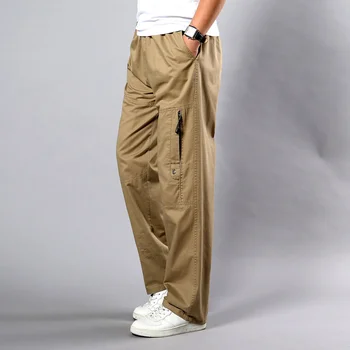 Летни Мъжки Панталони цвят Каки Голям Размер на Директно намаляване Голям размер 5XL СЪС странични джобове, Широки памучни Черни работни панталони-карго, Мъжки