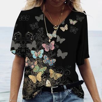 Лятна дамска риза в стил харадзюку с V-образно деколте и къс ръкав, пуловер с 3D принтом пеперуди, случайни улични trend жена топ