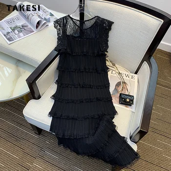 Лятна Реколта рокли със средна дължина, с кръгло деколте и открити рамене 2023, Черни дантелени Рокли със средна дължина, Дамско Елегантно Класическо Офис Женствена рокля трапецовидна форма