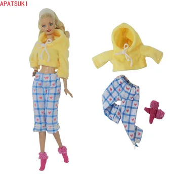 Млечно-жълто hoody с качулка, Синьо каре панталони, Чорапи за кукли Барби, Комплект ръчно изработени дрехи за кукли Барби 1/6 BJD, Аксесоари за кукли, Детски играчки 