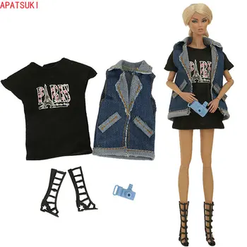 Модни дънкови облекло за кукли Барби, Комплект дрехи с принтом Айфеловата кула, Тениска, елек, Ботуши, Аксесоари за кукли, играчки 1/6.