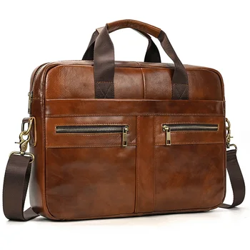 Мъжки кожен портфейл, бизнес мъжки чанти от най-горния слой, чанта за компютър адвокат от телешка кожа, мъжки стилен голяма чанта за лаптоп 15,6 см с каишка