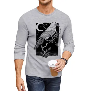 Нова дълга тениска Night Crow, естетична облекло, тениски с графика, черни тениски за мъже