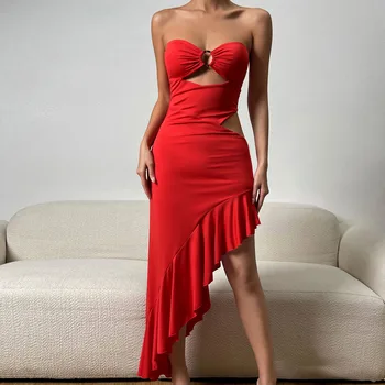 Приказно сексуално обтягивающее вечерна червена рокля до коляното с открити рамене 2023, летни клубни прилепнали рокли с цепка и рюшами за жени, клубна облекло