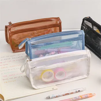 Проста Двупластова окото чанта за моливи Студентски Двупластова Прозрачна чанта за моливи Голям Капацитет Чанта за съхранение на десктоп офис консумативи