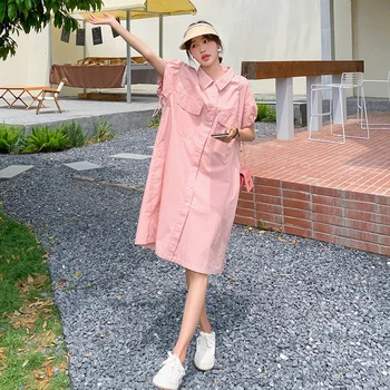 Розова рокля-риза с къс ръкав и ревера средна дължина за жени 2023, Нови Летни Елегантни Сладки Свободни Ежедневни рокли в корейски стил за момичета 8837