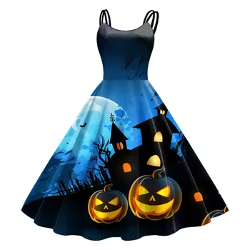 Рокли с 3D Принтом на Хелоуин, Дамски Рокли без ръкави на спагети презрамки, рокля за Коктейл-люлка за парти, рокля за бала, за домакини на 1950-те години