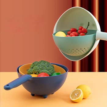 Ръчно сливная кошница за измиване на зеленчуци Син цвят, богат на функции на въртящата се сливная кошница, Кухненски прибори, мивка за измиване на ориз и плодове