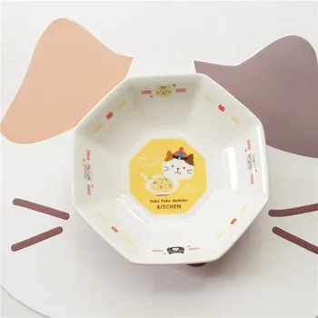 Същата мека японската чиния за печено ориз със сладък котка и сладък коте керамика дълбока чиния плодови чиния салата чиния осмоъгълна плоча