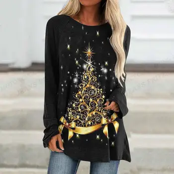 Тениска със златна Коледна Елха, тениски с 3D принтом Снежинка, Женска мода тениска, Свободни блузи с дълъг ръкав, Тениски, Дамски тениска Y2k