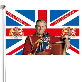 Флаг на крал Чарлз III Юниън Джак, Знаме на Обединеното Кралство, Полиестер флаг на 2023 година, Нова Кралската Коронясване, Градински декорации, 5 X 3 МЕТРА