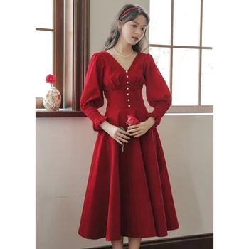 Червени рокли във френски ретро стил за жени, Елегантен есенен расшитый мъниста V-образно деколте, Секси луксозно бархатное рокля Vestidos Mujer, ежедневното вечерна рокля