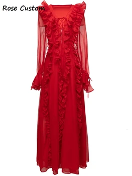 Червено Шифоновое Вечерна рокля с V-образно деколте и изгорени ръкави RoosaRosee, Есен-Зима 2023, Женствена Рокля Vestidos Robe Femme